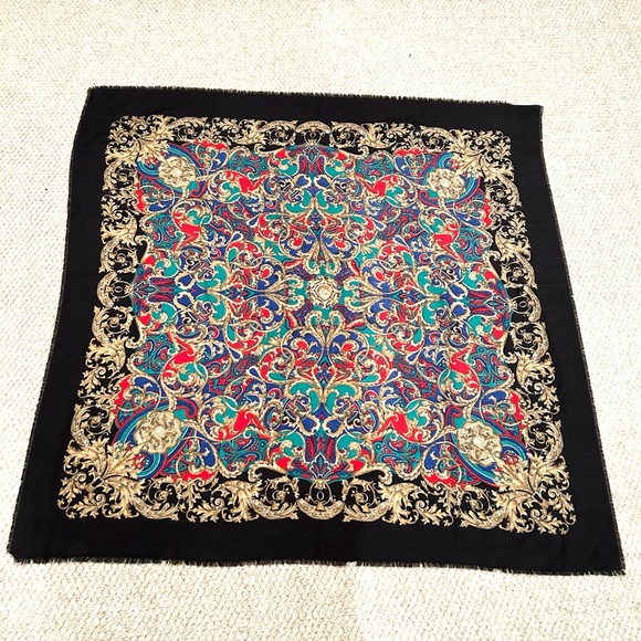 Large Scarf with Ornate Red Blue Black Gold Multicolored Baroque Design 46”x45” - Picture 9 of 9